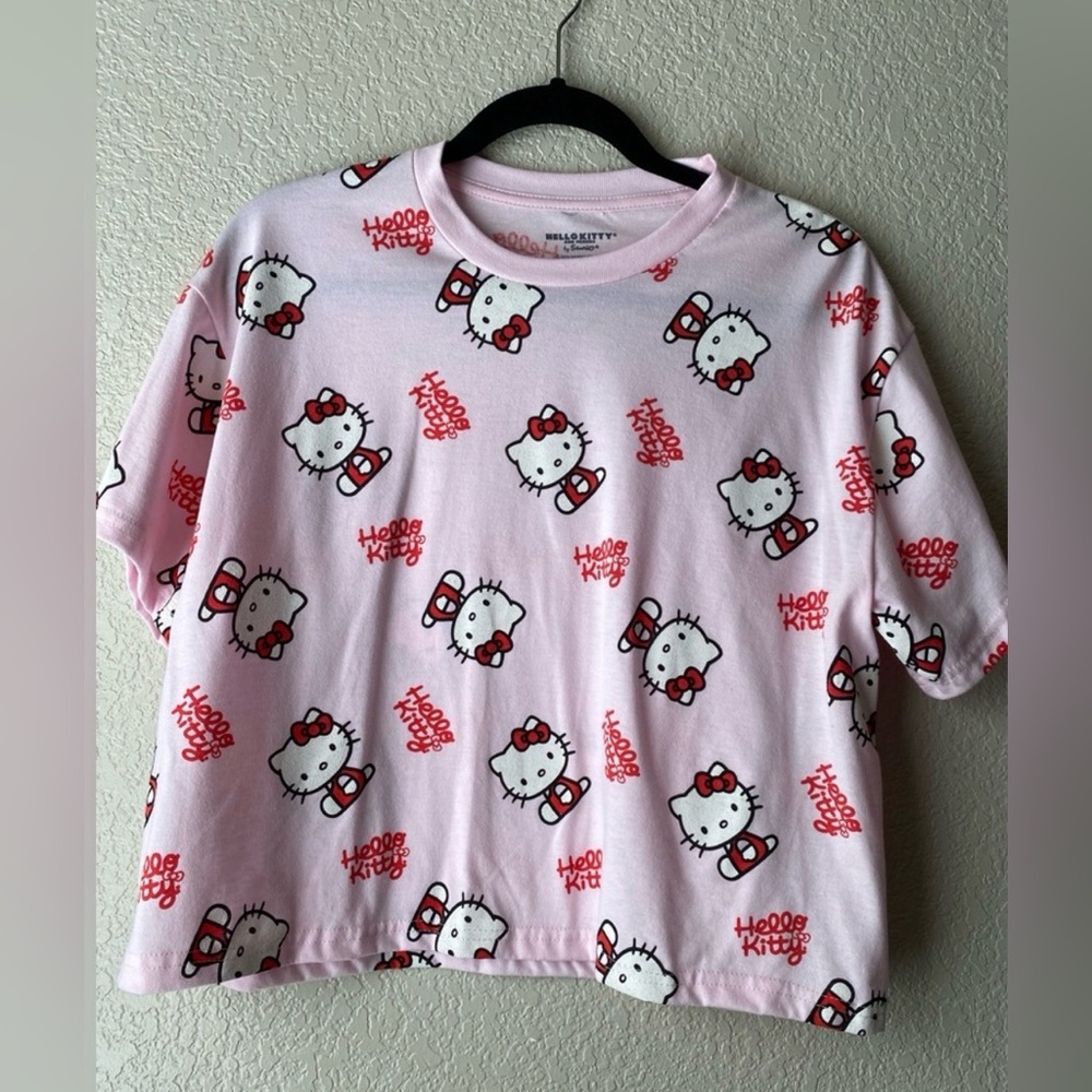Hello Kitty All Over Print Pink Crop Tee Bioworld Sanrio Size L Kawaii